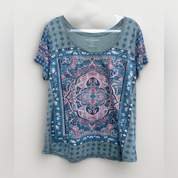 Lucky Brand Top Women 1X Printed Boho Tee Cotton Modal Graphic Colorful Hippie - Picture 1 of 11